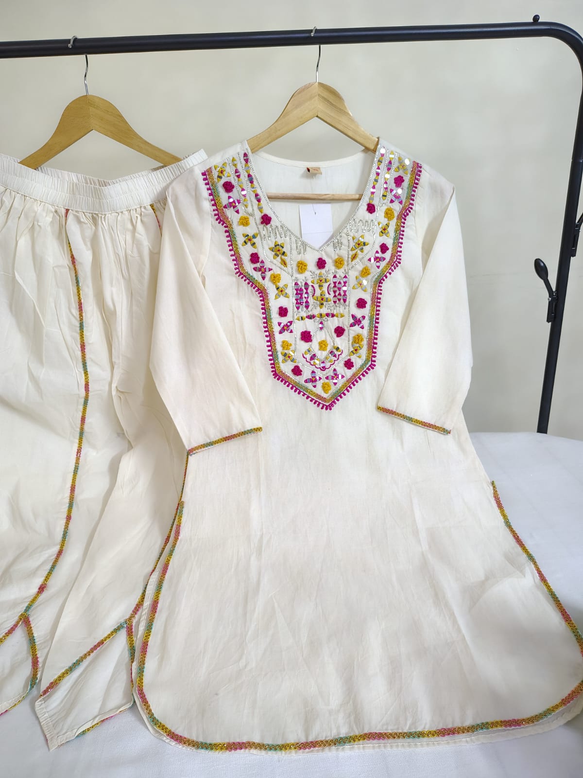 Co-ord Set with Handwork on Neckline and Tulip Pant with Lace Detailing
