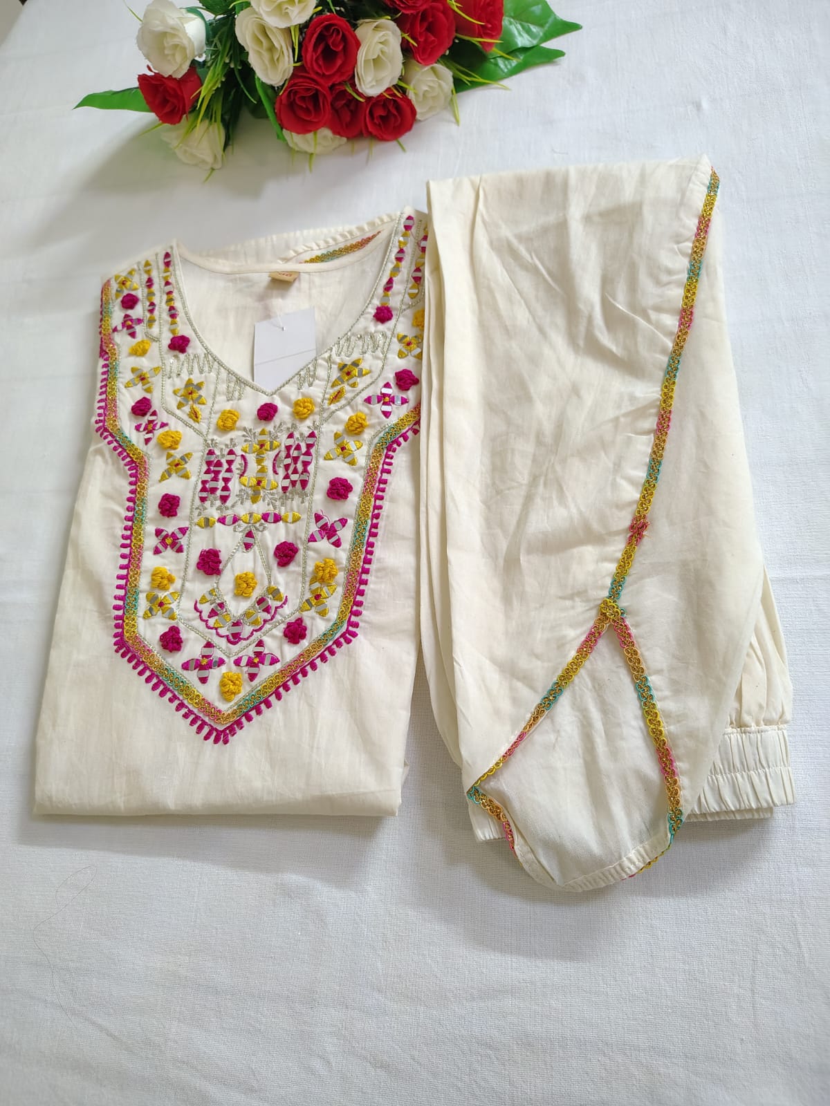Co-ord Set with Handwork on Neckline and Tulip Pant with Lace Detailing