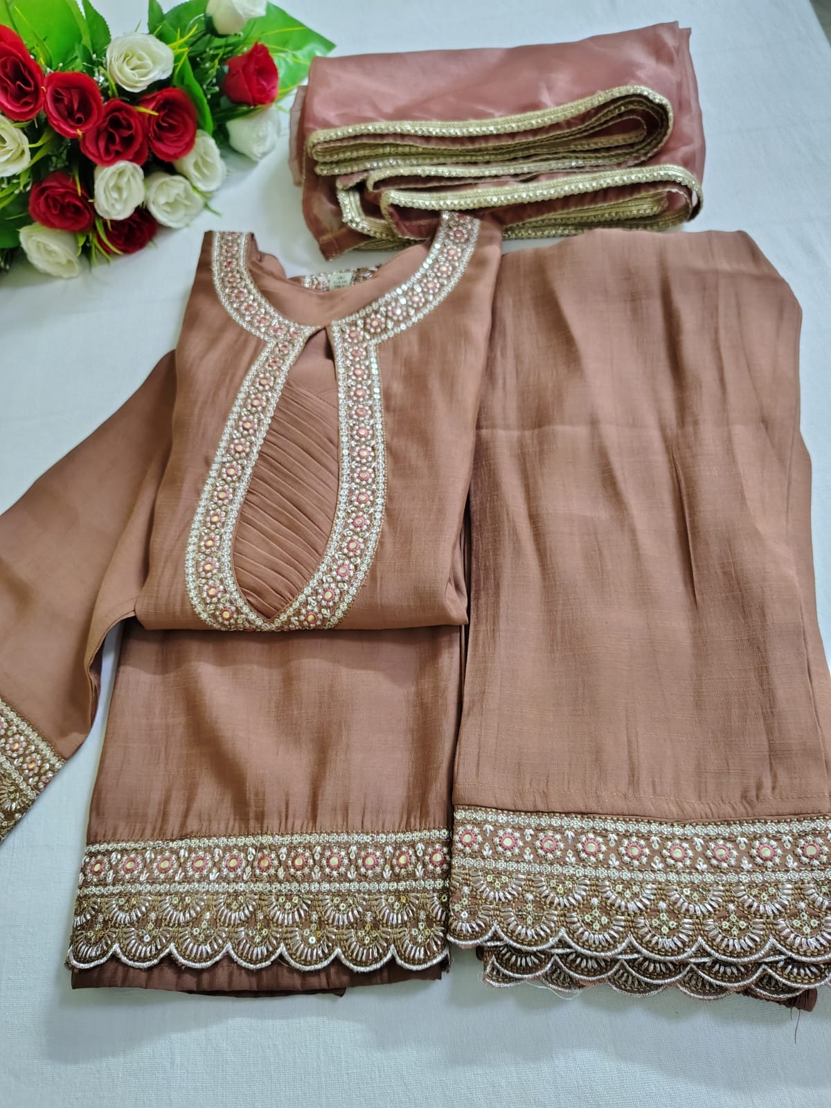 Roman Silk Suit Set in Cinnamon Colour