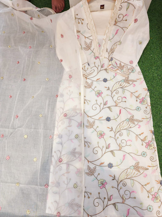 Pure Cotton Full Embroidered Offwhite Suit Set