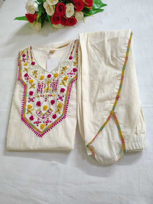 Co-ord Set with Handwork on Neckline and Tulip Pant with Lace Detailing