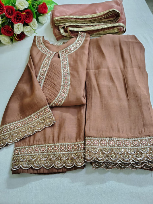 Roman Silk Suit Set in Cinnamon Colour